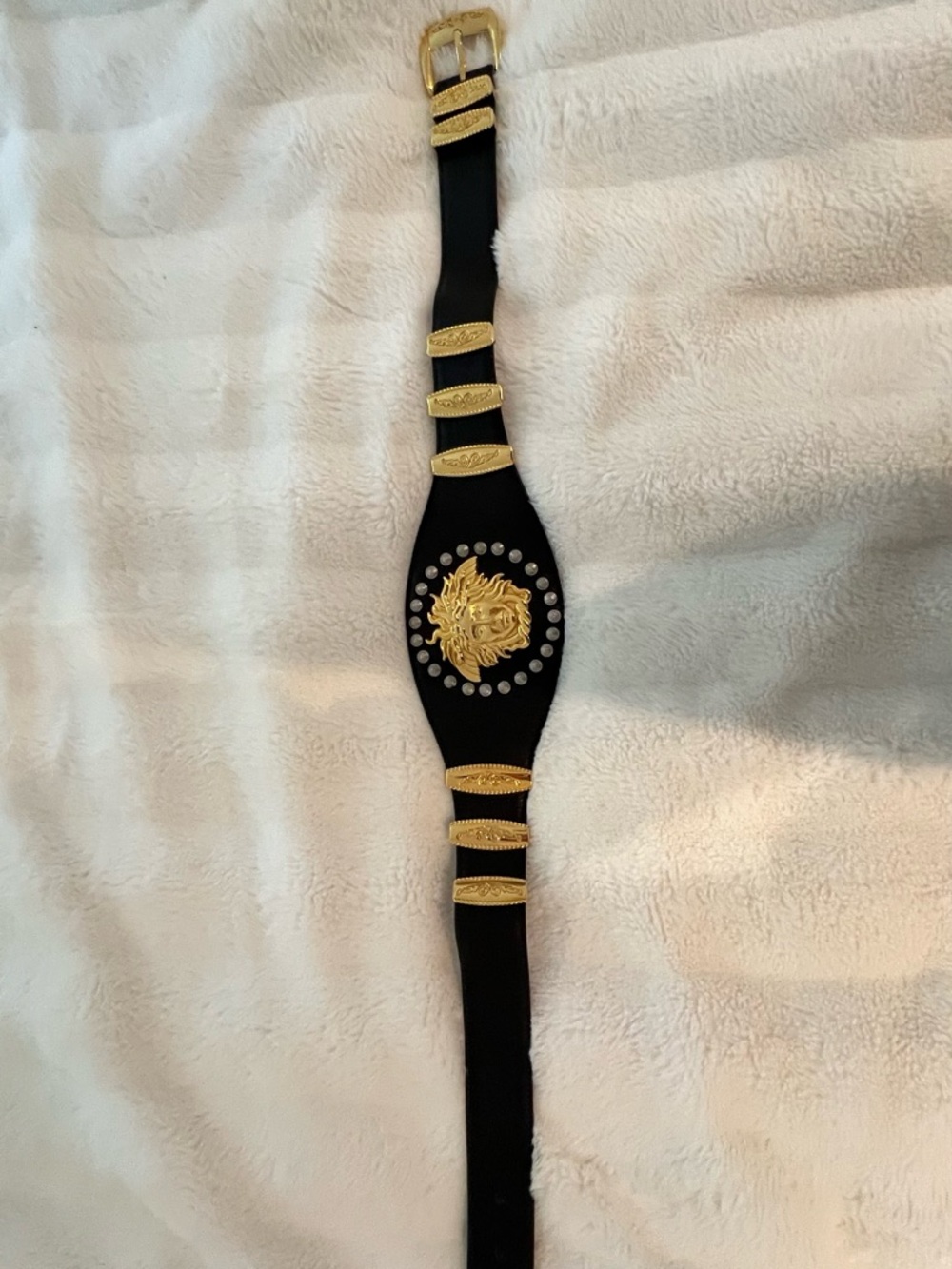 Versace Black Leather Belt with Gold Logo Stamp
